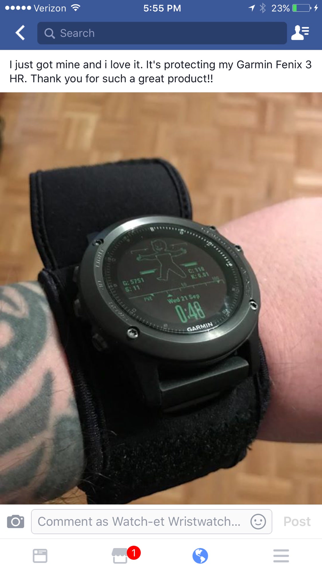 Facebook testimonial: customer loves the WATCH-ET protecting a Garmin Fenix 3 HR